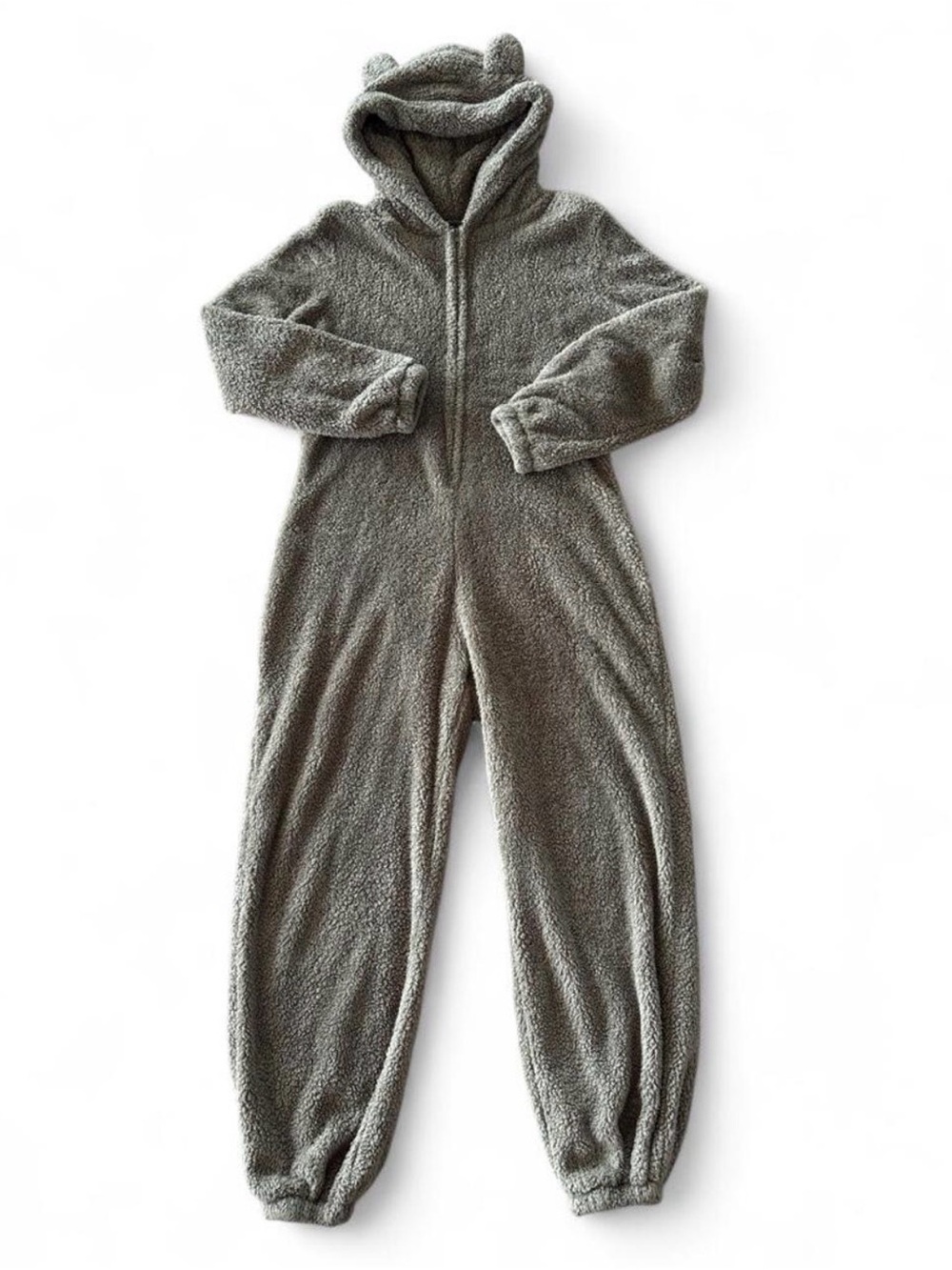 Olive Green/Brown Bear Plush Fleece Hooded One Piece Jumpsuit